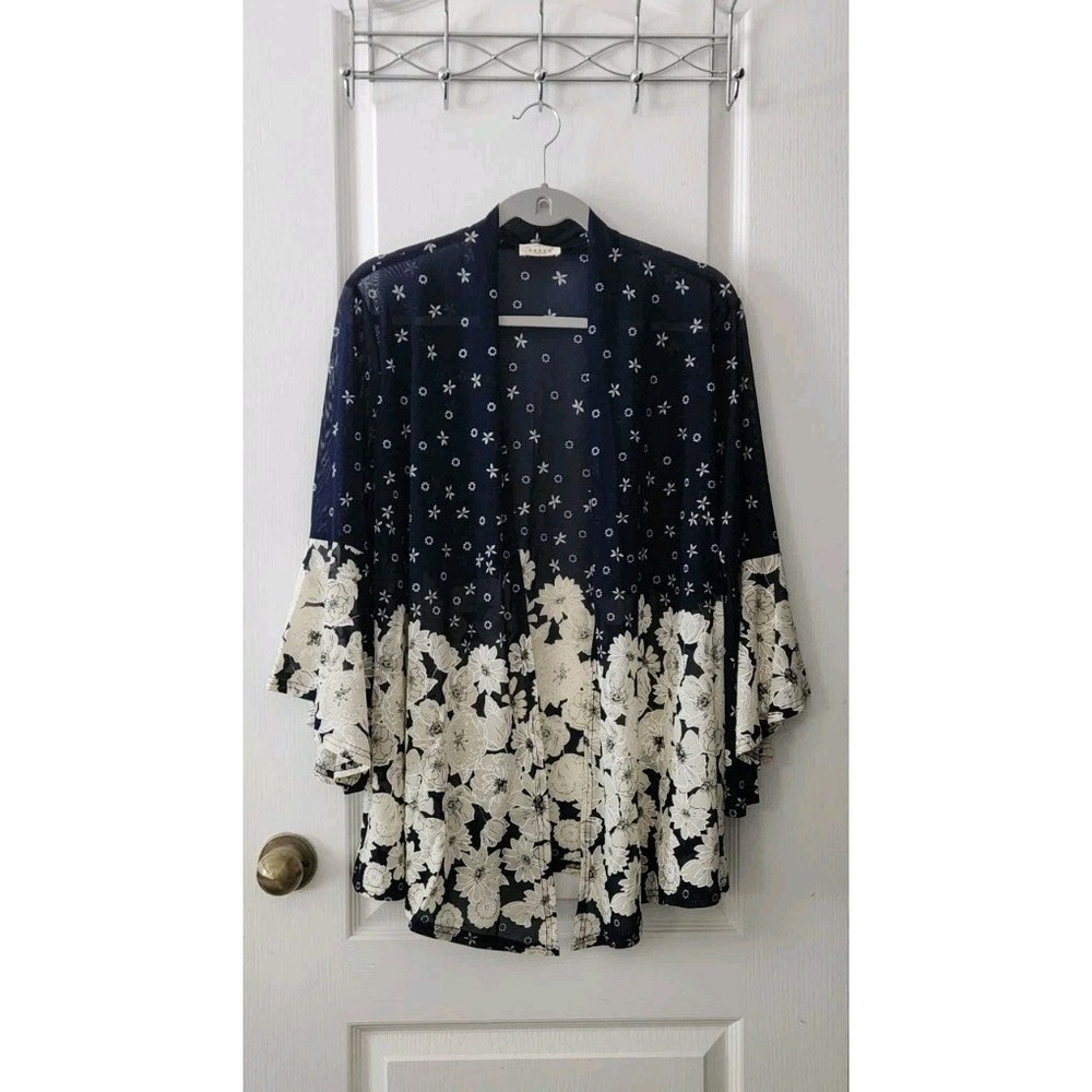 Ember Womens Semi-Sheer Cover Up Navy Blue White Floral Bell Sleeve Cardigan L